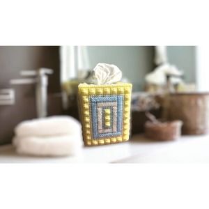 Tissue box cover handmade vintage crochet blue and yellow needlepoint crochet